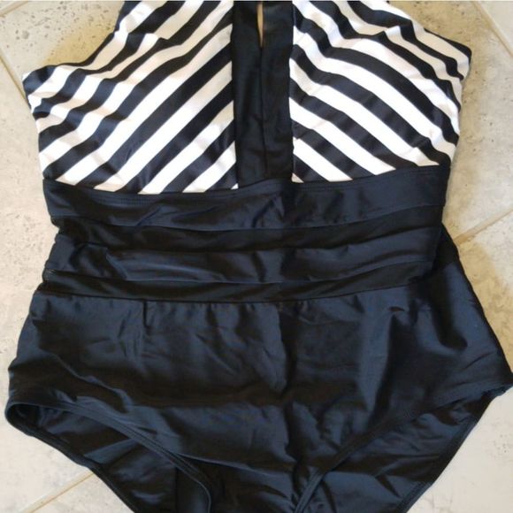 Mesh Panel Stripe Print One Piece Swimwear Black M - Picture 4 of 6